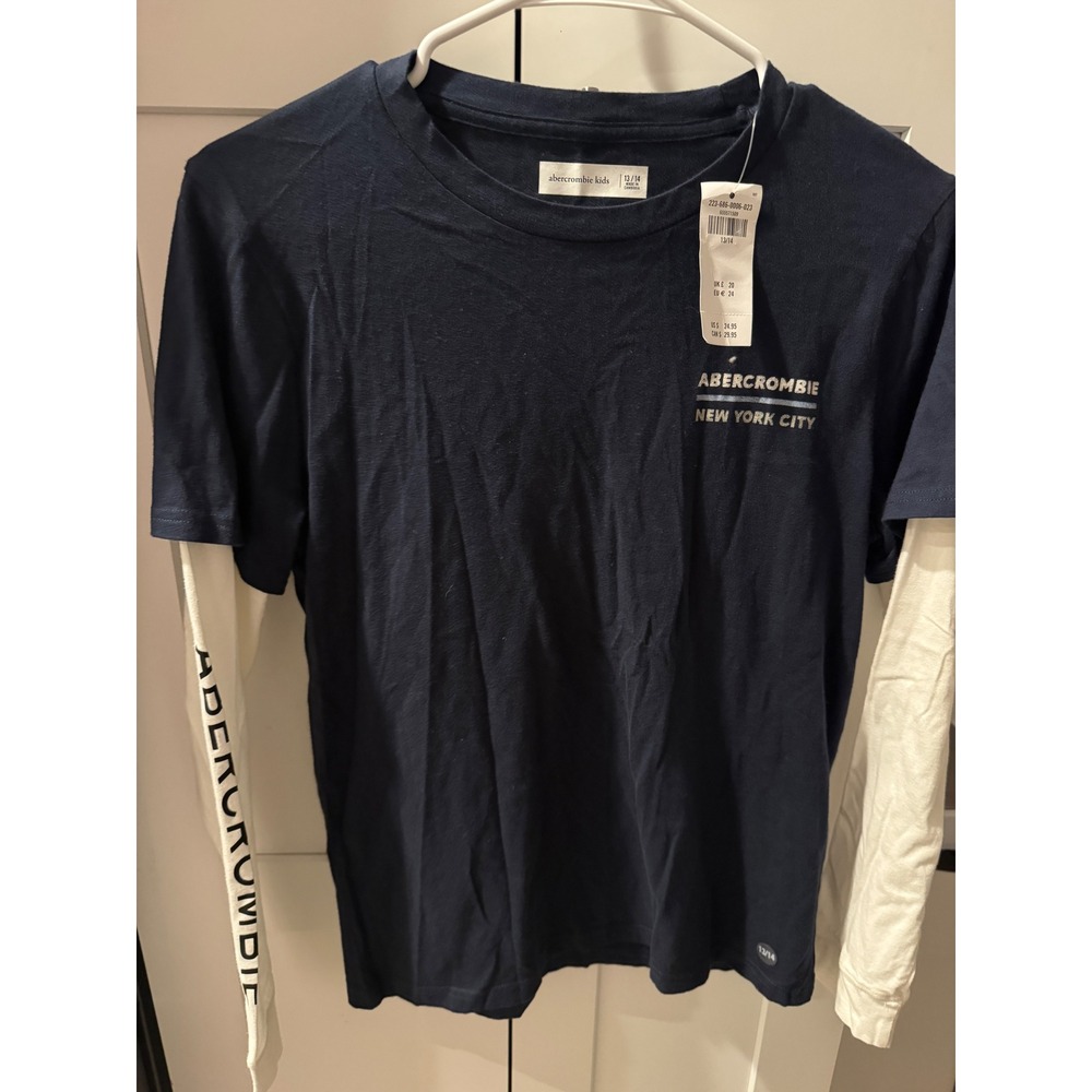 Abercrombie Kids Navy  Layered Long Sleeve Graphic T-Shirt NYC 92 Size 13/14 NWT